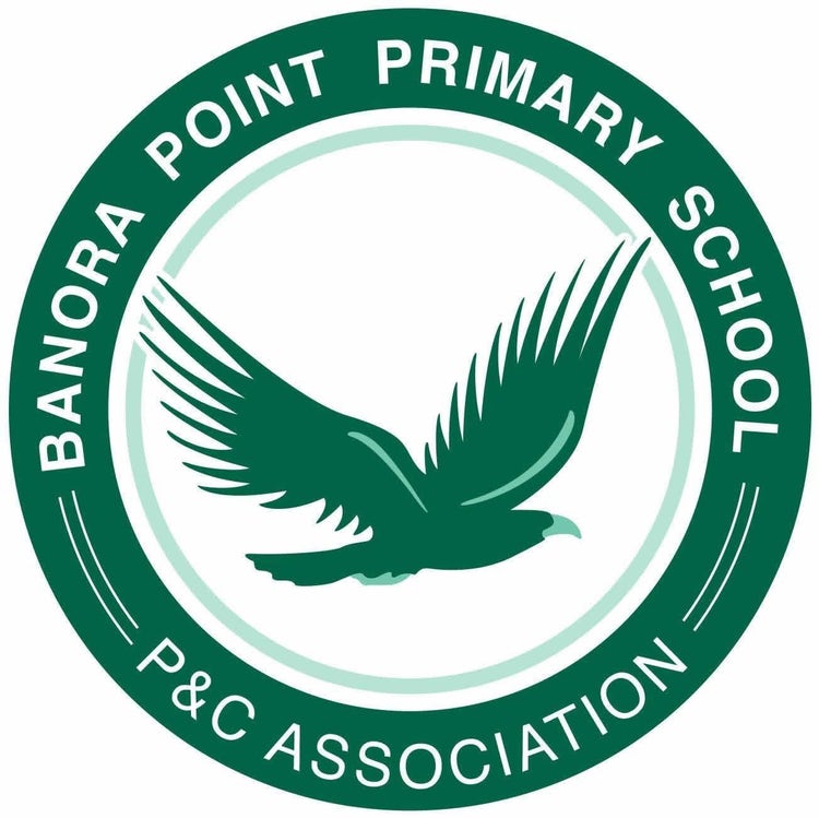 The Banora Point Primary School P&C logo features an eagle at the centre of a circle, designed with two shades of green.