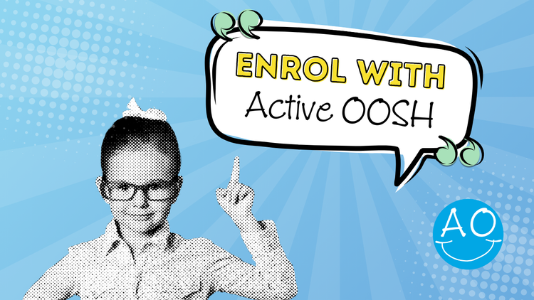 An advertisement for Active OOSH. A girl is pointing up to a speech bubble that says